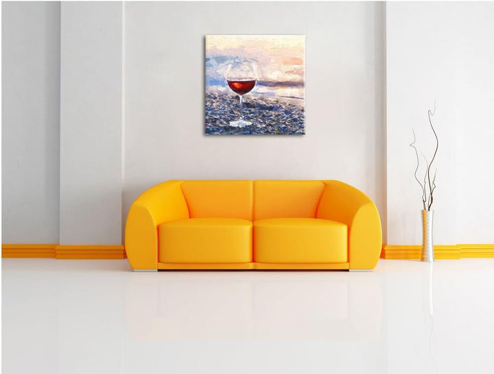 Pixxprint Weinglas am Steinstrand Pinsel Effekt, Format: 70x70 auf Leinwand, 70x70
