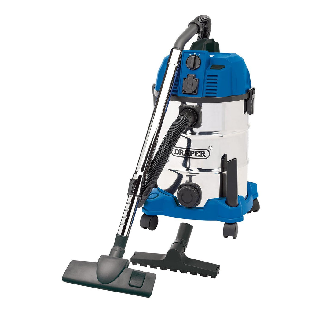 DRAPER wdv30sspa Wet und Dry Staubsauger mit integrierter Steckdose, blau, 30 Liter
