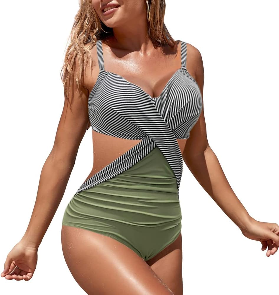 Rayson Damen Badeanzug Monokini Vorne Criss Cross Neckholder Push Up Bandeau Cut Out High Waist Wrap