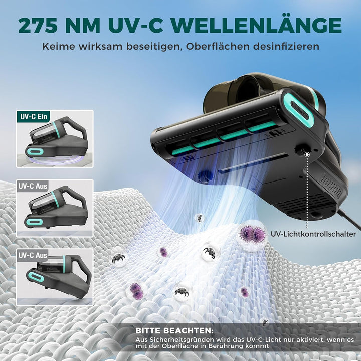 HAUSHOF Milbensauger für Matratzen mit UV Licht, 15 kPa Saugleistung, 60℃ Heissluft mit Aroma-Funkti