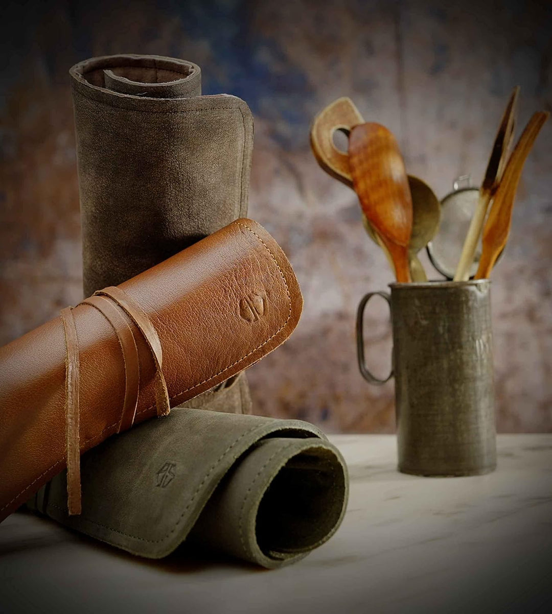 Angus Stoke Messertasche Kochmesser - Premium Leder Kochmesserrolle gross – Messer Tasche Köche - Ko