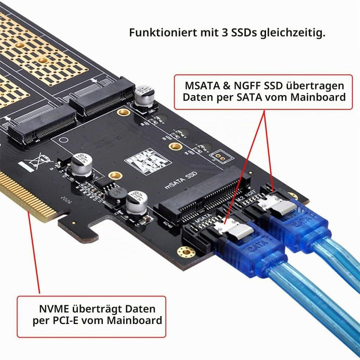 xiwai PCI Express PCI-E 3.0 und Dual SATA auf NGFF NVME MSATA M-Key B/M-Key SSD Adapter 3-in-1 PCI-E