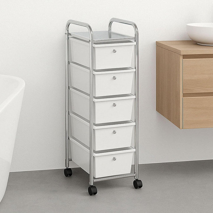 IDIMEX Rollcontainer GINA, Chrom/weiss - Rollwagen mit 5 transparenten Schubladen, chromfarbenes Met