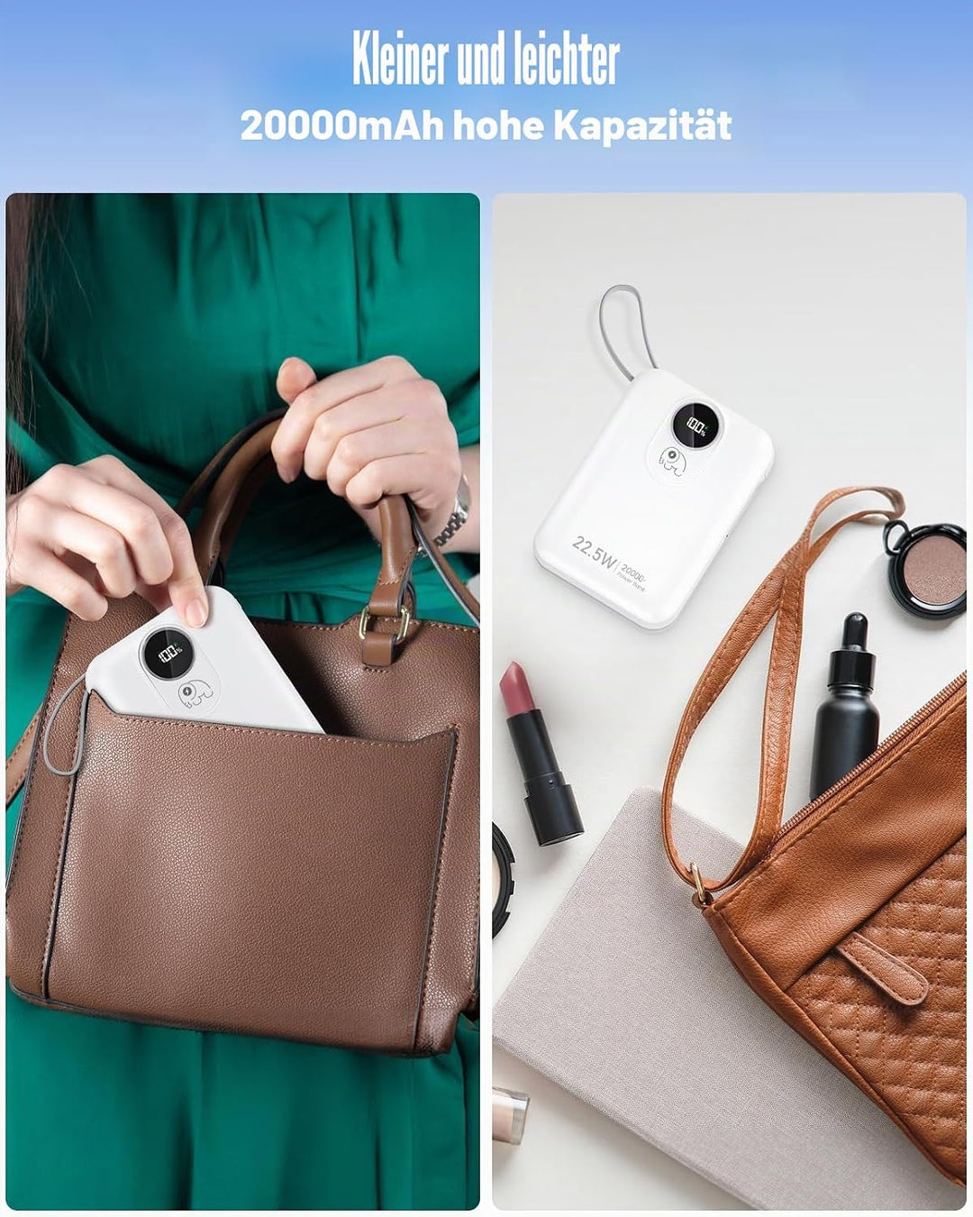 20.000 mAh Powerbank mit integrierten Kabeln: Externer Akku mit 22,5 W Schnellladung für Handy, USB