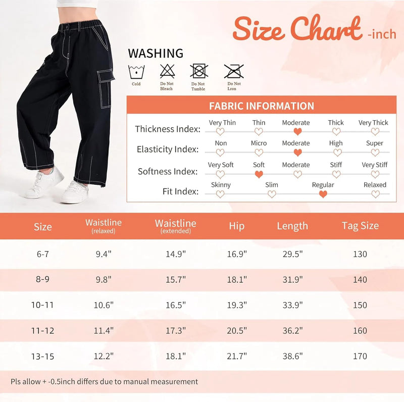 Rolanko Mädchen Cargohose, Baumwoll Baggy Hose mit Elastischer Taille und Mehreren Taschen für Kinde