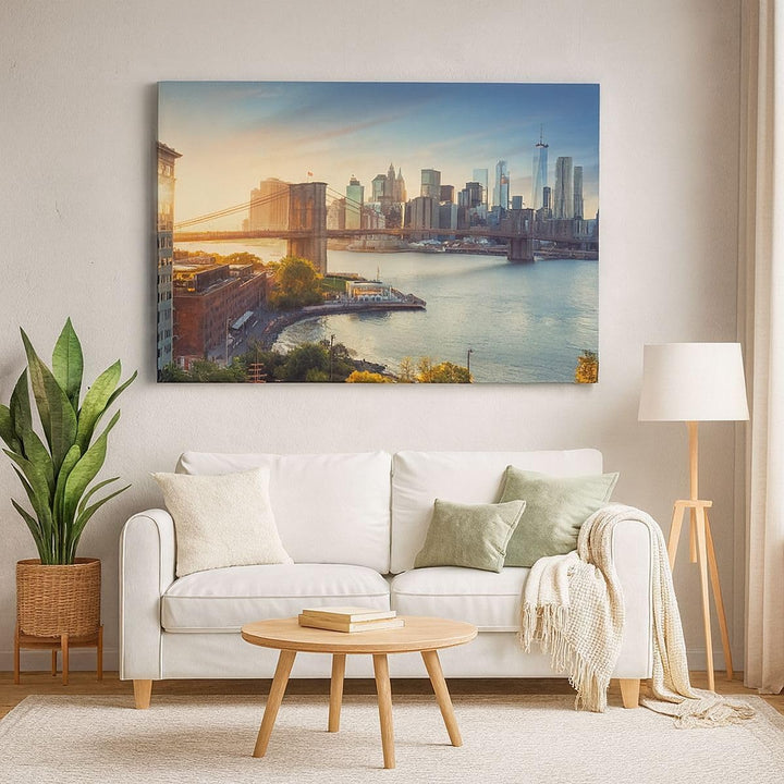 Bilder auf Leinwand 100x70cm Leinwandbild mit Rahmen New York Brücke Gross Wanddeko Bild Schlafzimme