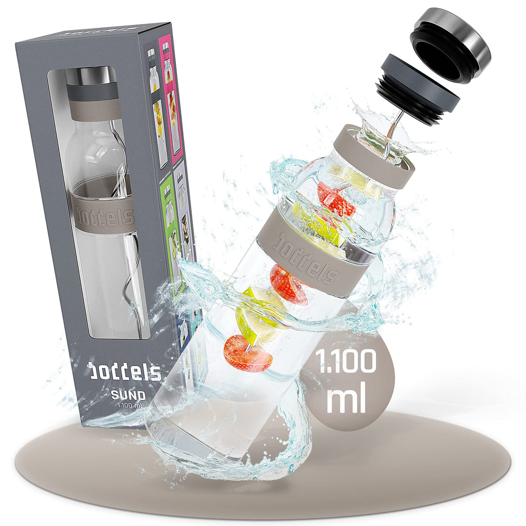 boddels Glaskaraffe mit Deckel und Sieb 1.100ml, rutschfester Griff, Glaskaraffe mit Fruchteinsatz,