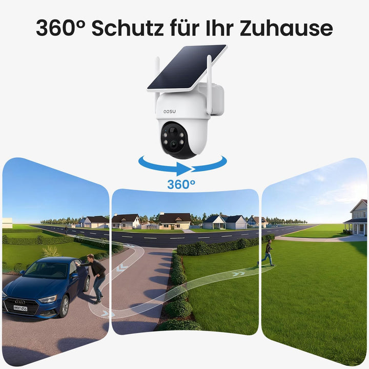 aosu 2K Überwachungskamera Aussen Akku Solar, 2-Cam-Kit mit aosuBase, Ohne Abonnement, 32GB Speicher