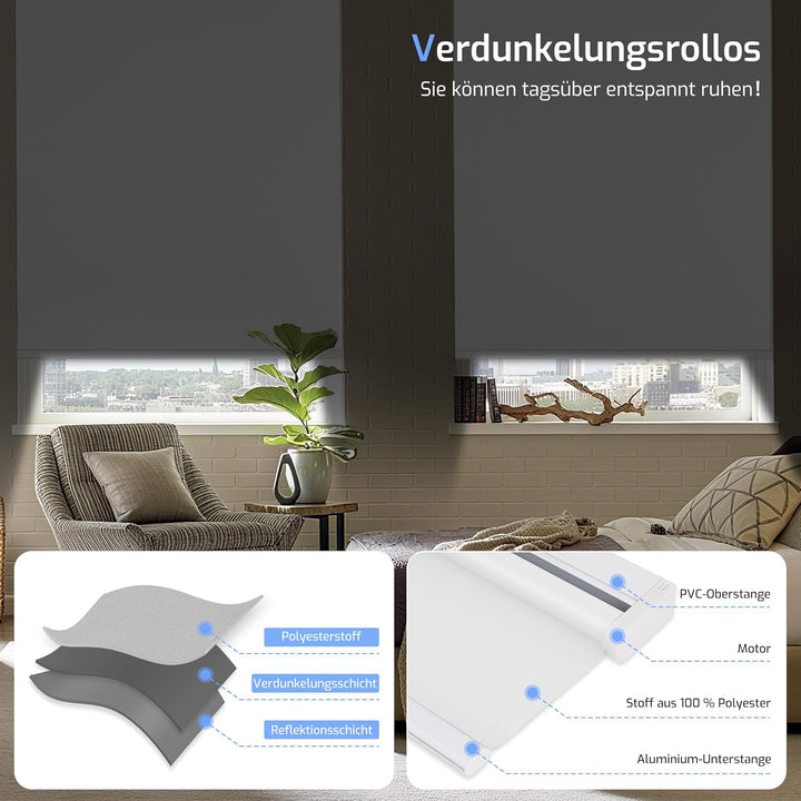 Grandekor Elektrische Rollos Innen, Verdunklungsrollo ohne Bohren mit Fernbedienung & Leiser Motor W
