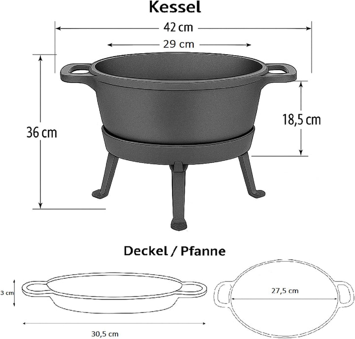 QLS Gusseisen Kessel 10 L Grill, Topf & Bratpfanne 3in1 – Schwerer Dutch Oven mit Deckel, abnehmbare