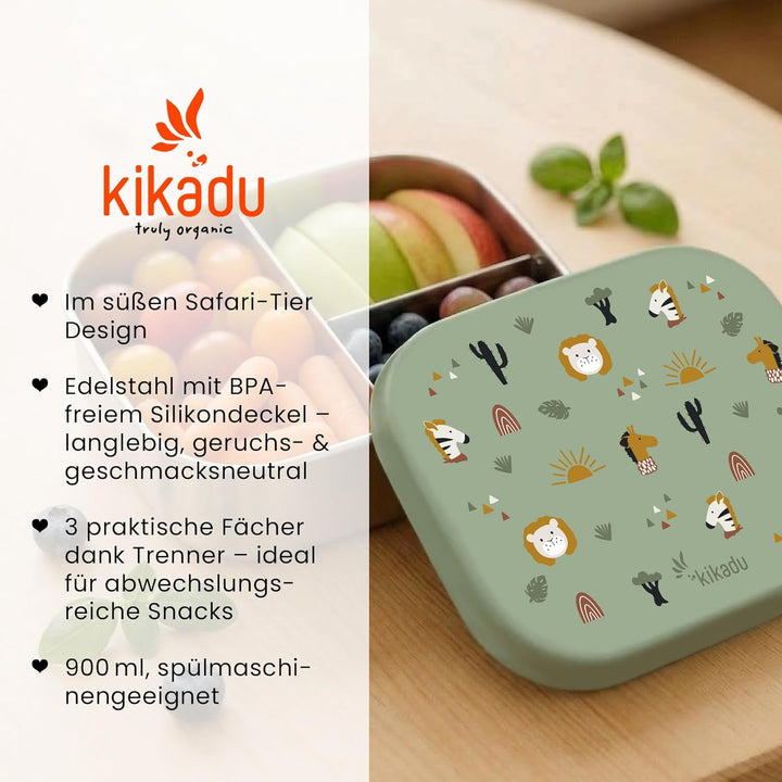kikadu Brotdose Kinder aus Edelstahl mit Silikondeckel, 3 Fächer, BPA-frei, luftdicht, spülmaschinen