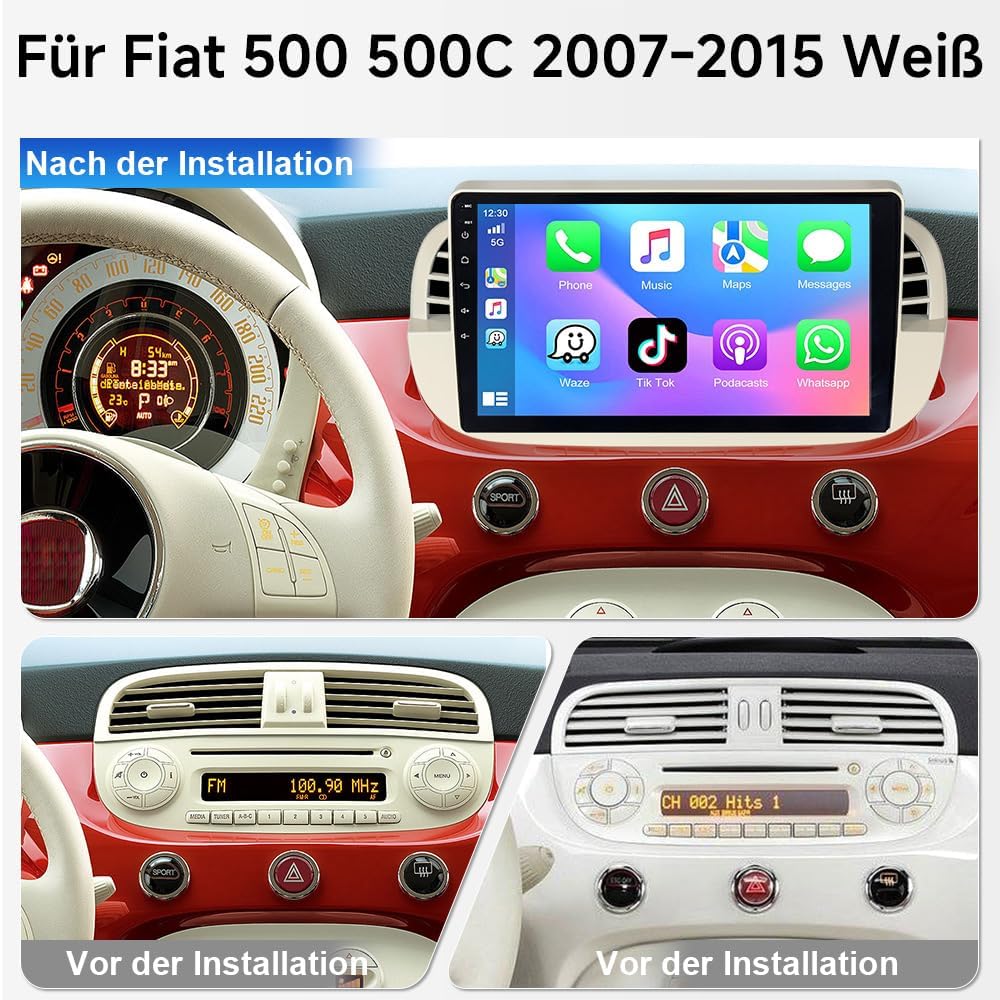 Autoradio für FIAT 500 500C 2007-2015, 9 Zoll Android 15 Octa-Core 4+64GB Bluetooth Autoradio mit Na