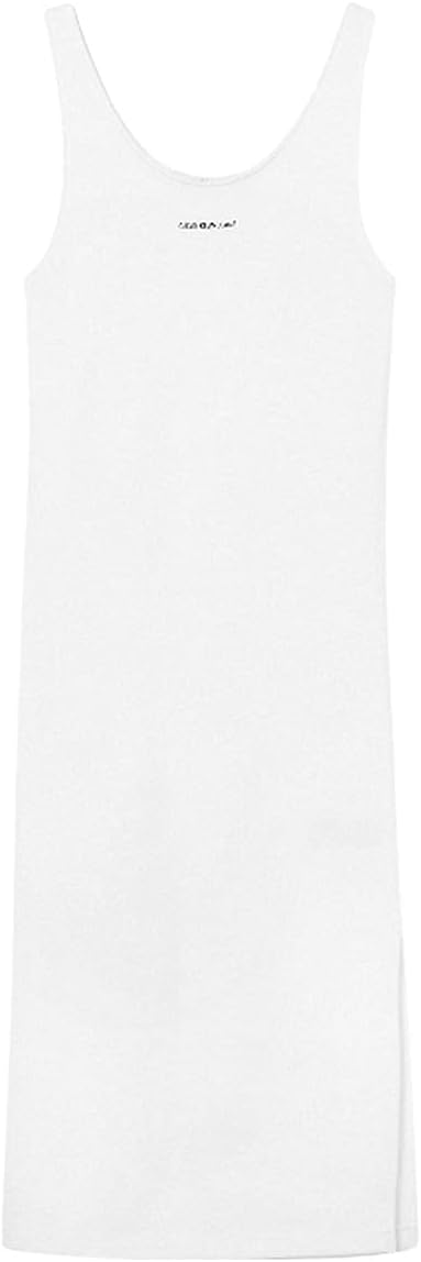 Calvin Klein Jeans Damen Geripptes Trägerkleid mit Mikro-Logo Kleid L Bright White, L Bright White
