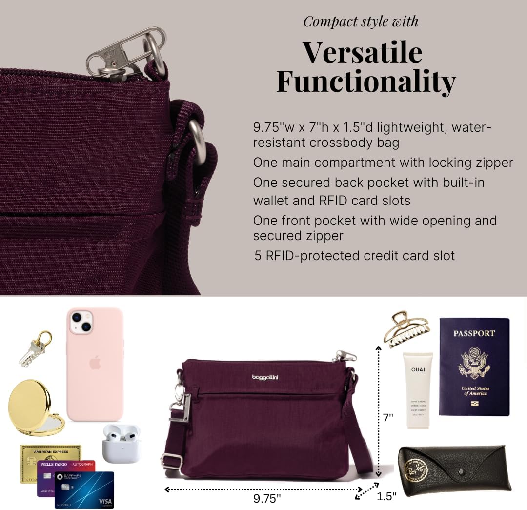 Baggallini Damen Diebstahlsicherung Securtex Anti-Diebstahl-Memento Crossbody-Tasche Mulberry, Mulbe