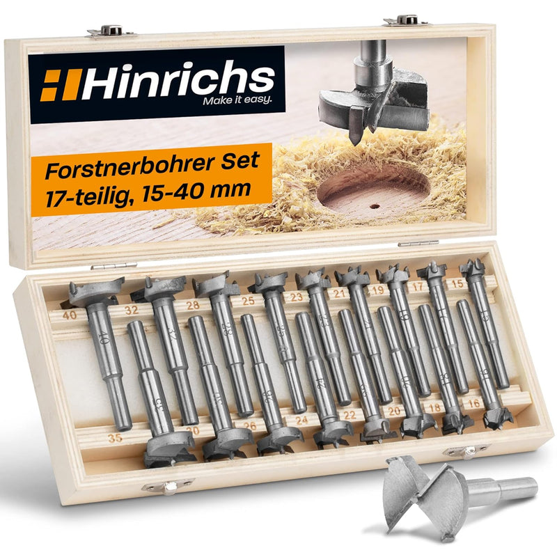 Hinrichs Forstnerbohrer Set 17 teilig im Holzkoffer - Forsterbohrerset 15 bis 40 mm - für Verschiede