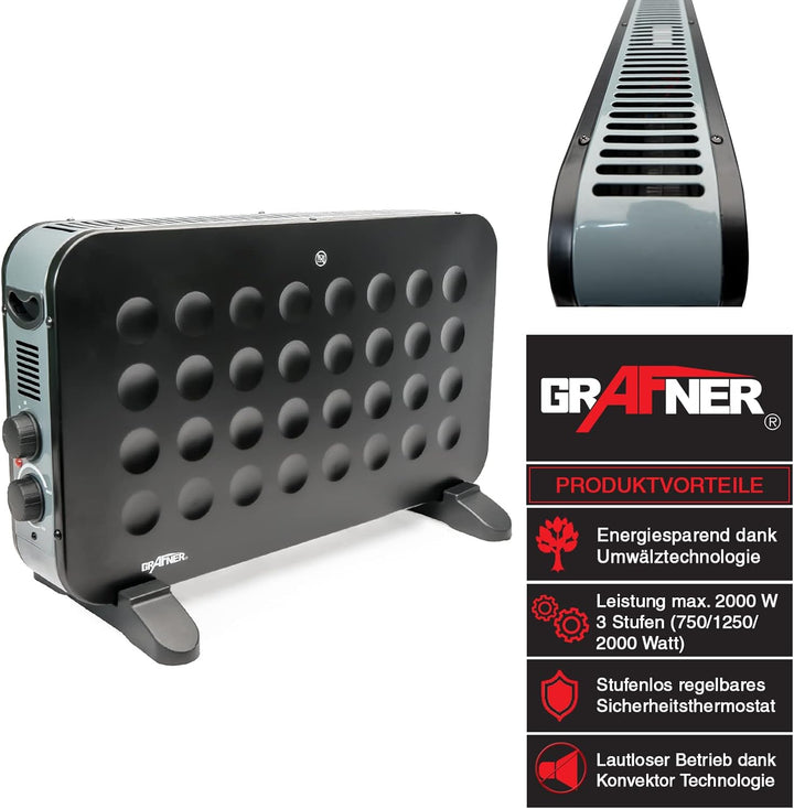 Grafner Konvektor Heizgerät 2000 Watt, matt schwarz, 3 Heizstufen, stufenlos regulierbares Thermosta