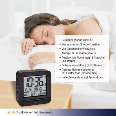 TFA Dostmann Funk-Wecker, mit 4 Weckzeiten,60.2536.01, Anzeige des Datums und Innentemperatur, 9,2 x
