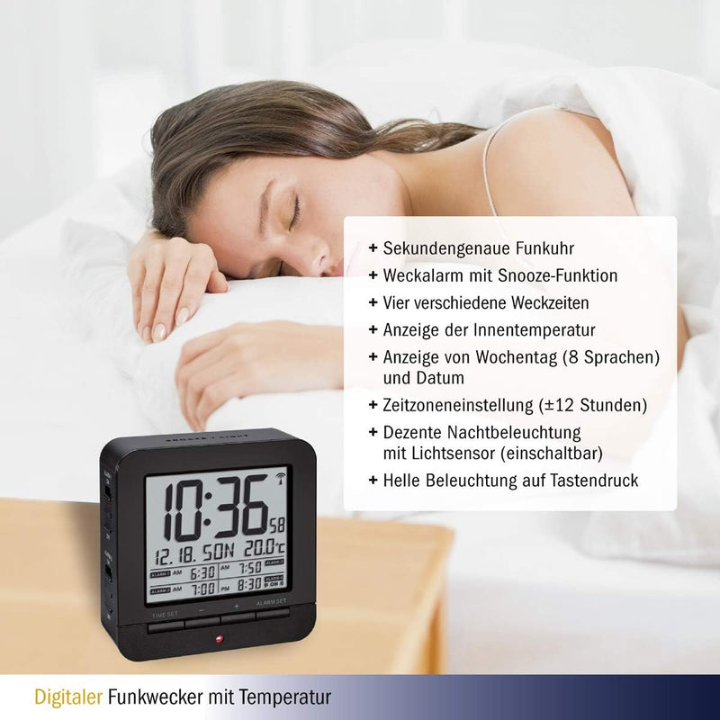 TFA Dostmann Funk-Wecker, mit 4 Weckzeiten,60.2536.01, Anzeige des Datums und Innentemperatur, 9,2 x