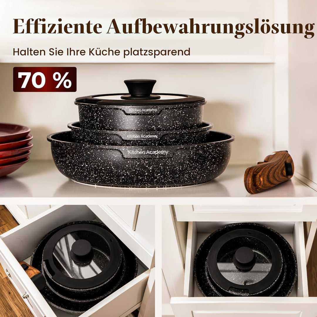 Kitchen Academy Pfannenset Abnehmbarer Griff - 10 Teilig Induktion Töpfe Set für alle Herdarten, Pfa