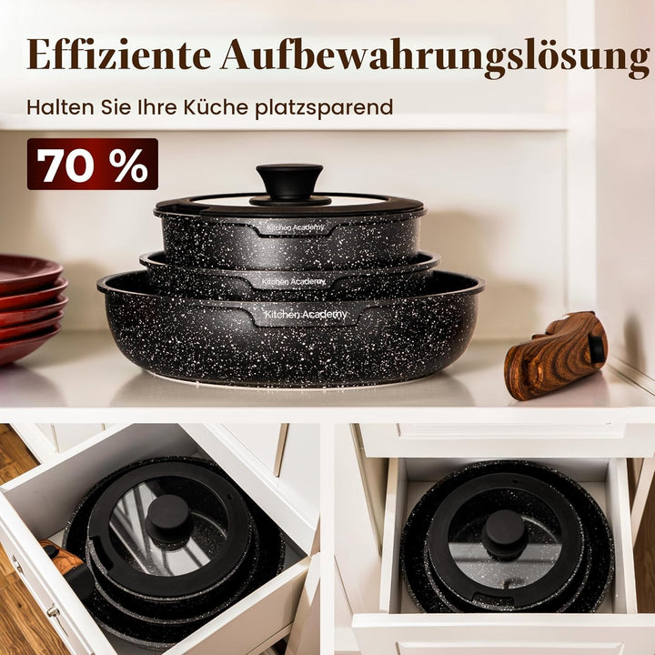 Kitchen Academy Pfannenset Abnehmbarer Griff - 10 Teilig Induktion Töpfe Set für alle Herdarten, Pfa