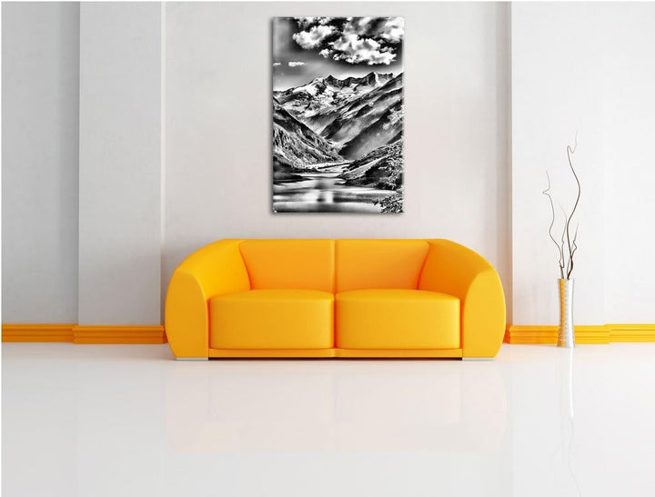 Monocrome, See an Bergen, Format: 100x70 auf Leinwand, XXL riesige Bilder fertig gerahmt mit Keilrah