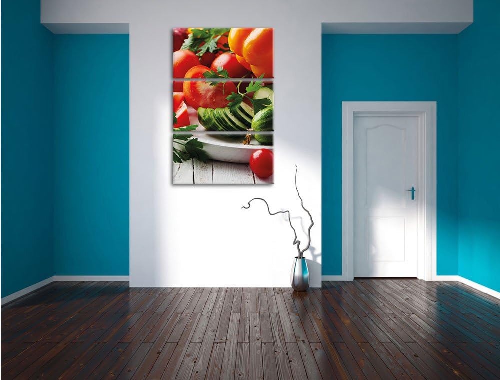 Pixxprint Obst Gurke Gemüse Salat Essen Tomate 3-Teiler Leinwandbild 120x80 Bild auf Leinwand