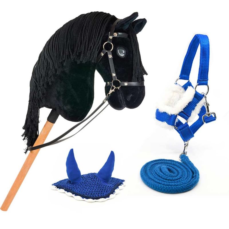 Hobby Horse schwarz A3, Vollstab Pferd mit Netz, Gebiss, Zügel, Halfter und blauer Insektenmütze, Pf
