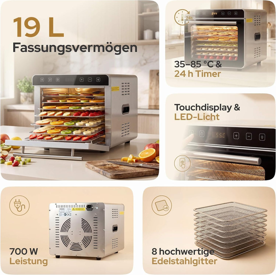 Arebos Dörrautomat Edelstahl 700W | Dehydrator mit 8 Gittern & 19L | Dörrgerät für Obst, Gemüse, Krä