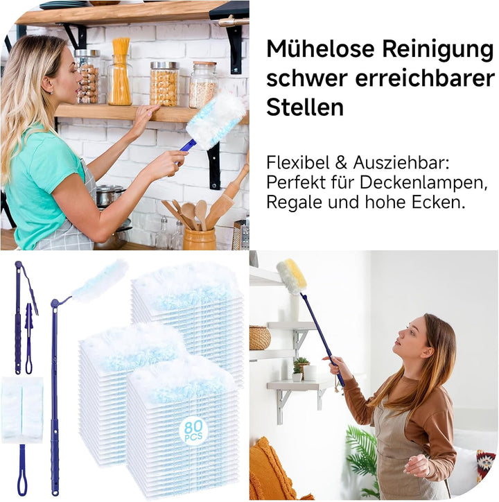 80 Stück Staubmagnet Nachfüllpack, Kompatibel mit Swiffer, Duster Set mit Teleskopstange & Handgriff