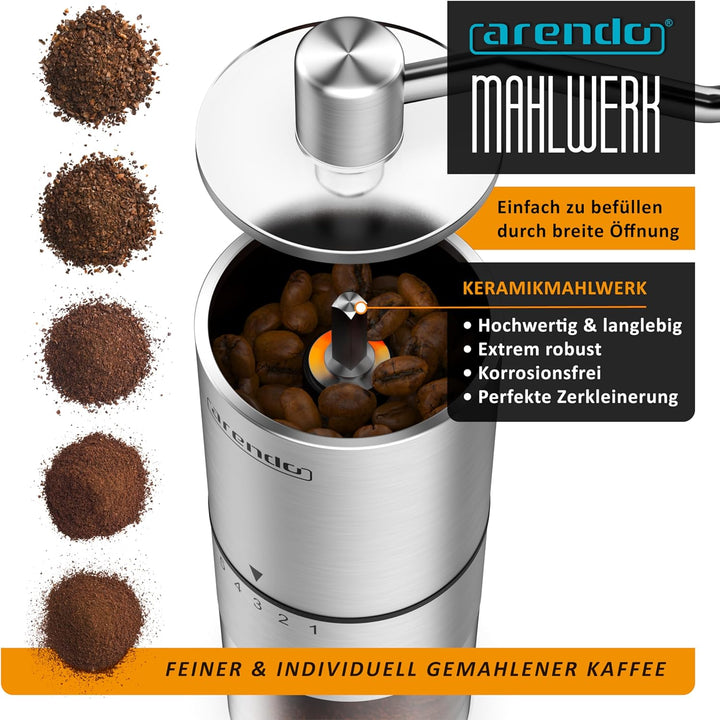 Arendo - Edelstahl Kaffeemühle manuell – Keramikmahlwerk – verstellbarer Mahlgrad 5 Stufen – Handmüh