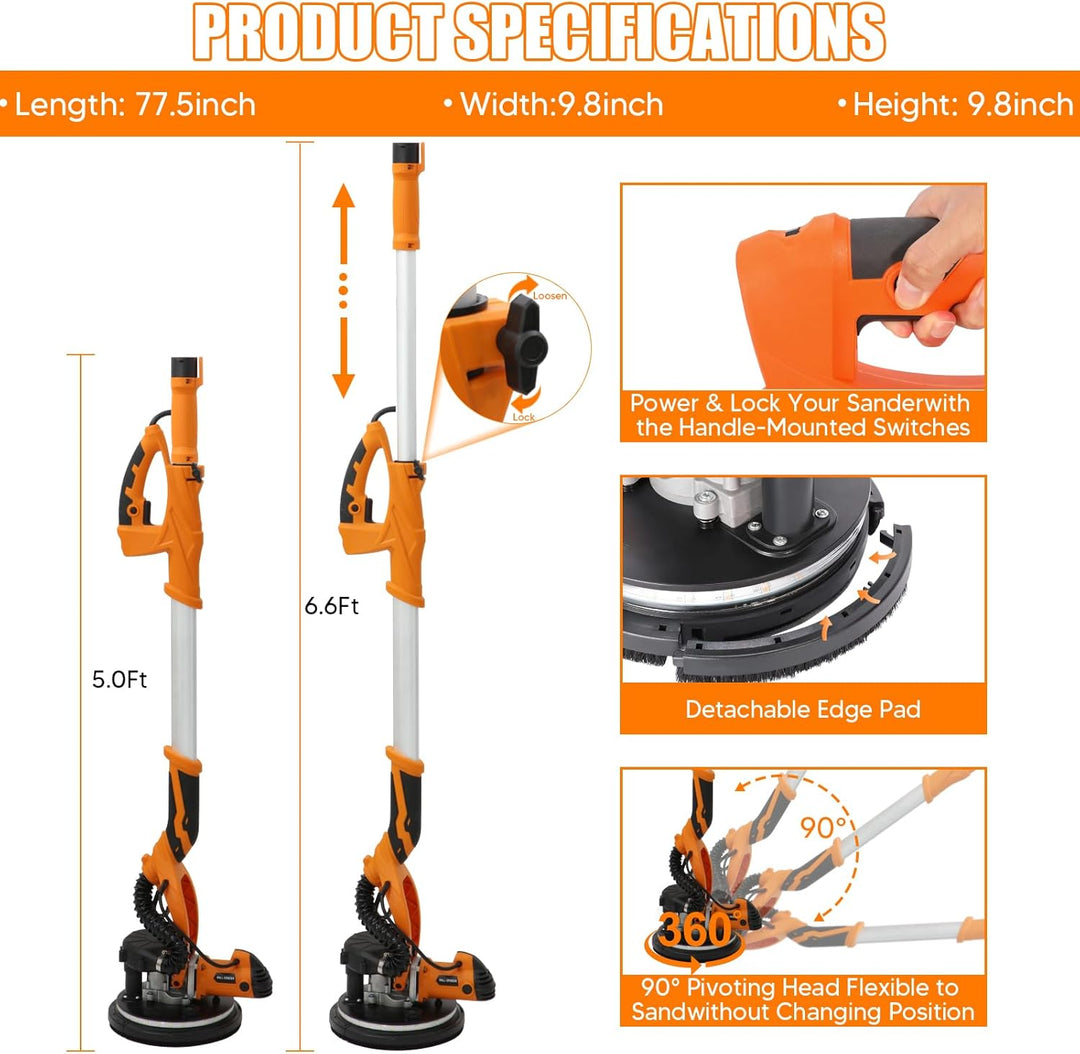 Trockenbauschleifer, 1250 Watt Elektroschleifer, 800 bis 1800 U/min, Ausziehbarem Griff, LED-Beleuch