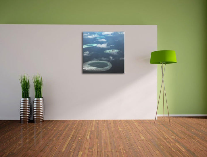 Pixxprint Trauminsel im Meer schwarz/weiss, Format: 70x70 auf Leinwand, 70x70