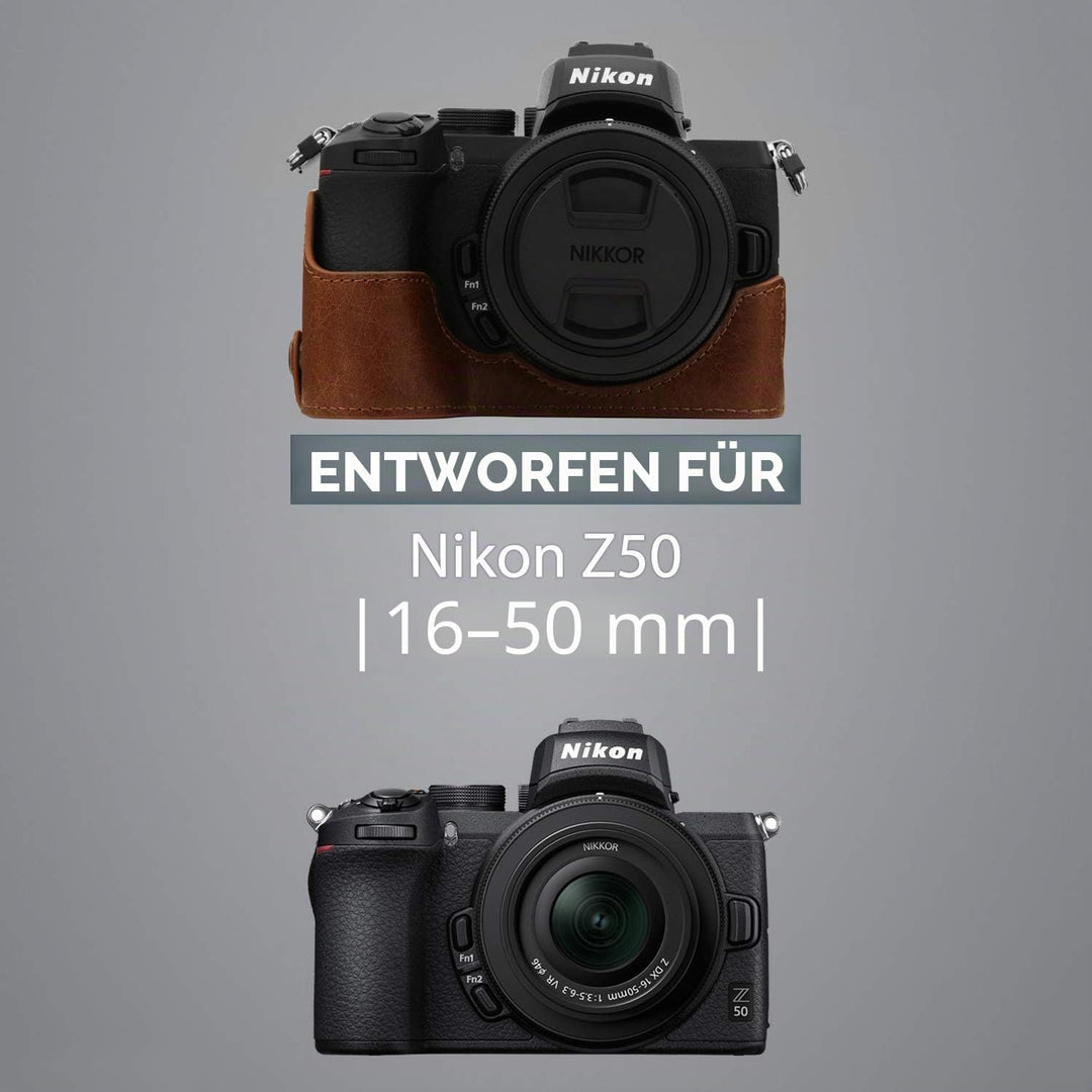 MegaGear Kameratasche aus echtem Leder, kompatibel mit Nikon Z50 (16–50 mm), Braun