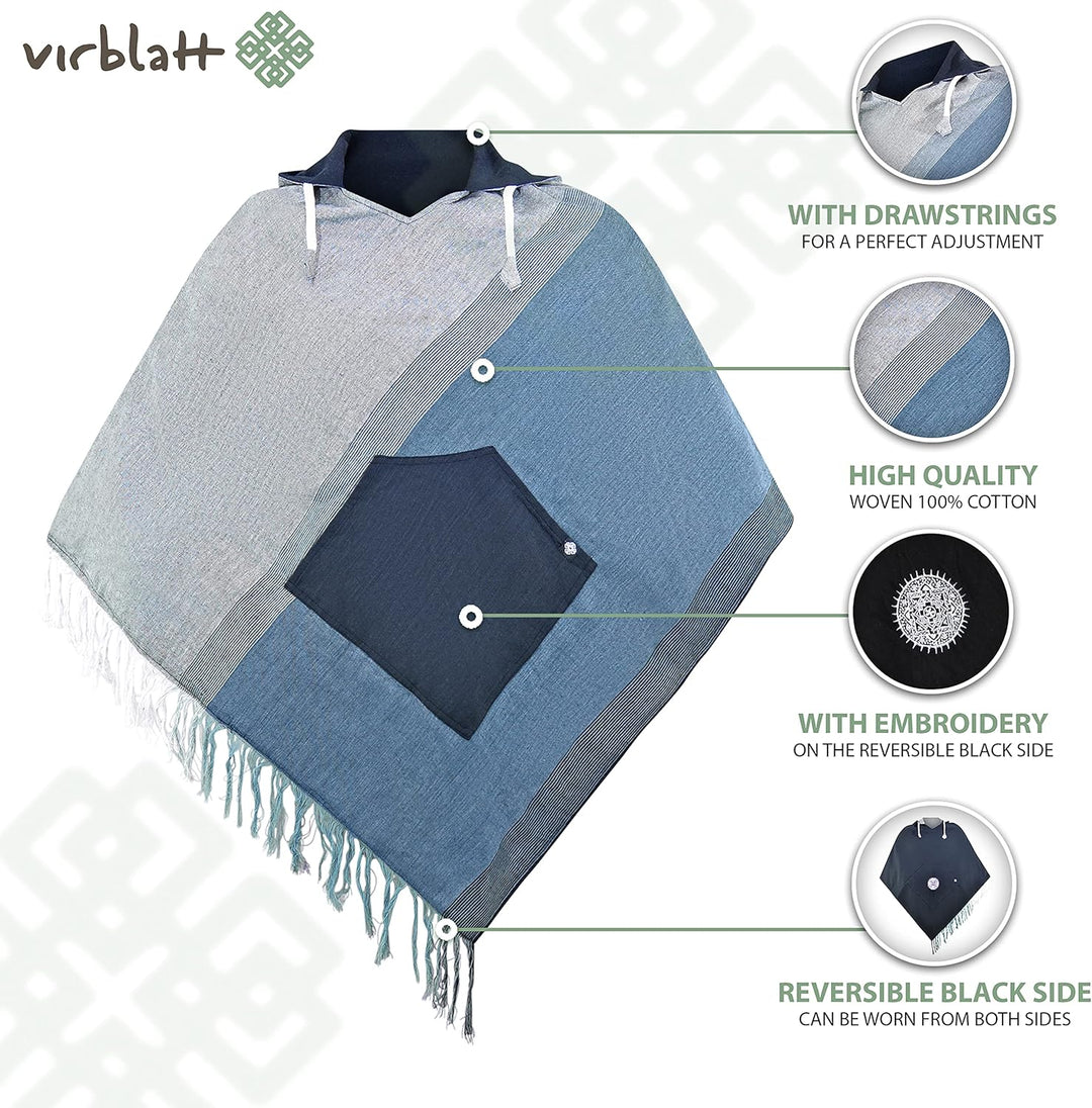 virblatt - Poncho Herren & Poncho Damen | Baumwolle | Herren Poncho mit Kapuze | Wendefunktion | Pon