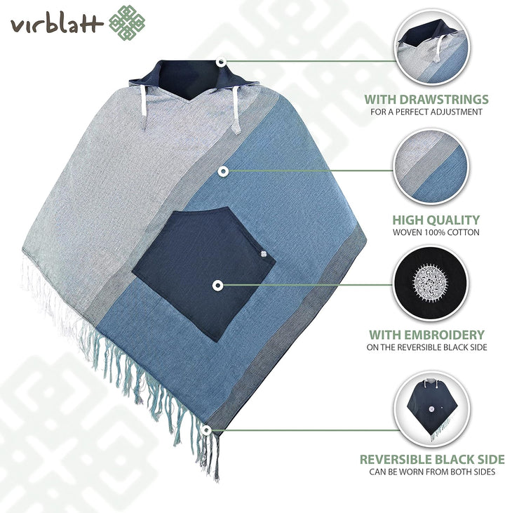 virblatt - Poncho Herren & Poncho Damen | Baumwolle | Herren Poncho mit Kapuze | Wendefunktion | Pon
