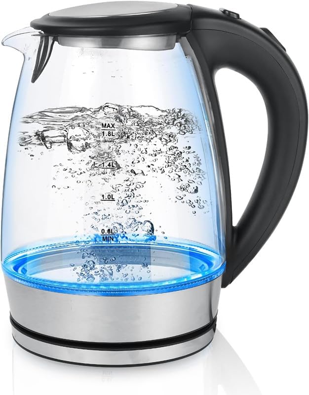 1,8 Liter Edelstahl Wasserkocher Glas mit blau LED, 2300 Watt Schnelles Aufheizen Glas Wasserkocher