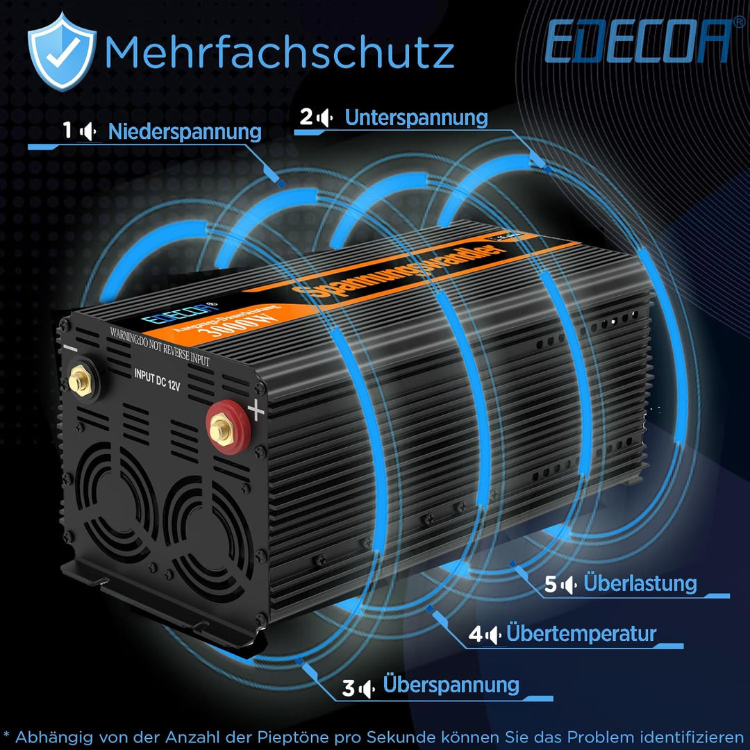 EDECOA Wechselrichter 3000w 12v 230v Spannungswandler mit Neuer Fernbedienung 2X USB und Bildschirm
