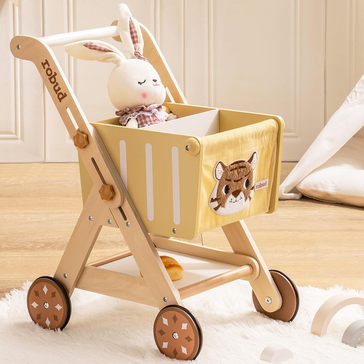 ROBUD Einkaufswagen aus Holz für Mädchen und Jungen, Baby Push Walker, höhenverstellbarer hölzerner