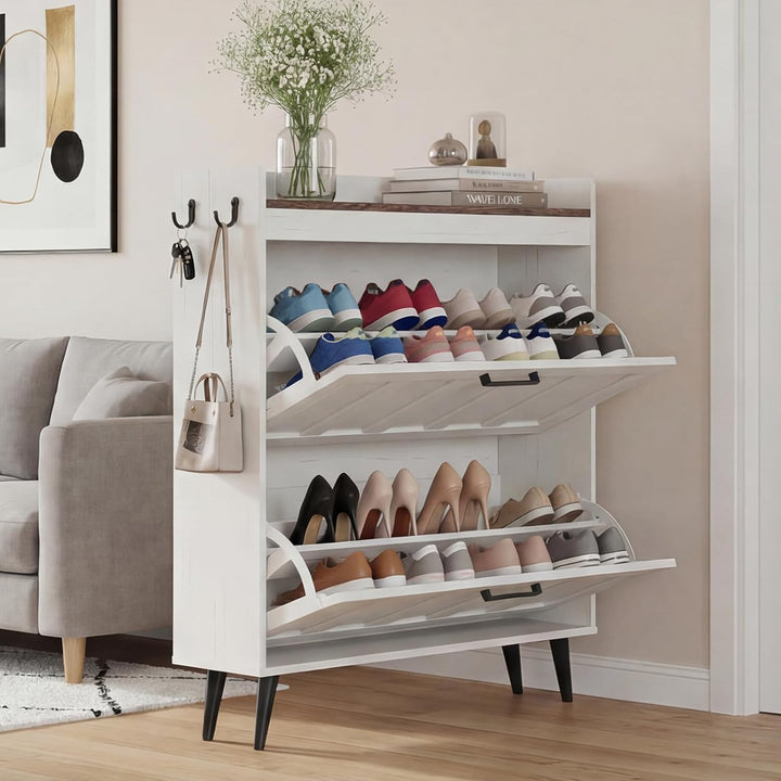 Schuhschrank Schmal mit 2 Klappschubladen, Landhausstil Schuhaufbewahrung für Flur Wohnzimmer, Kipps