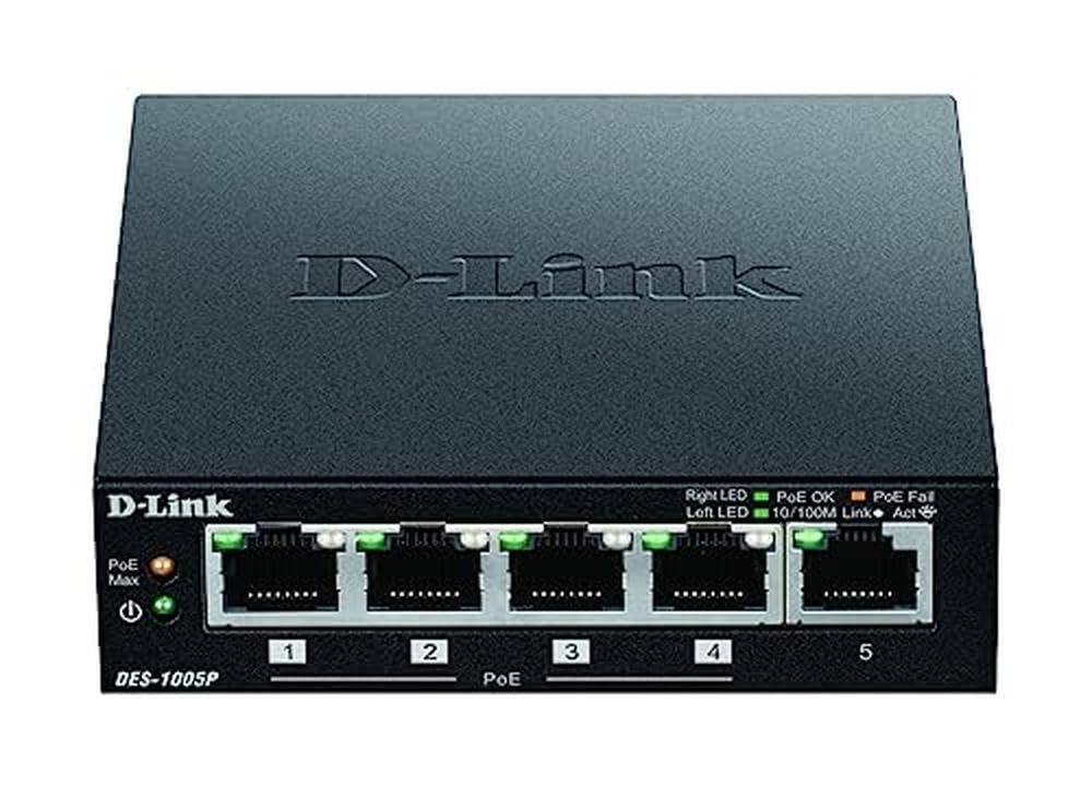 D-Link DES-1005P Fast Ethernet Switch (5-Port Layer2, 10/100 Mbit/s, PoE, einfache Plug & Play-Insta