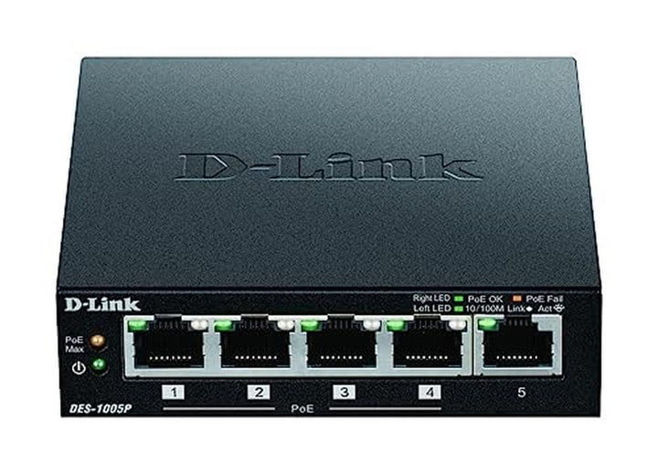 D-Link DES-1005P Fast Ethernet Switch (5-Port Layer2, 10/100 Mbit/s, PoE, einfache Plug & Play-Insta