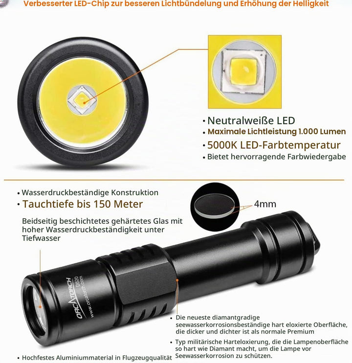 ORCATORCH D520 Tauchlampe 1000 Lumen Tauchen Taschenlampe Mechanische Kopfdrehung EIN/AUS LED Tauche