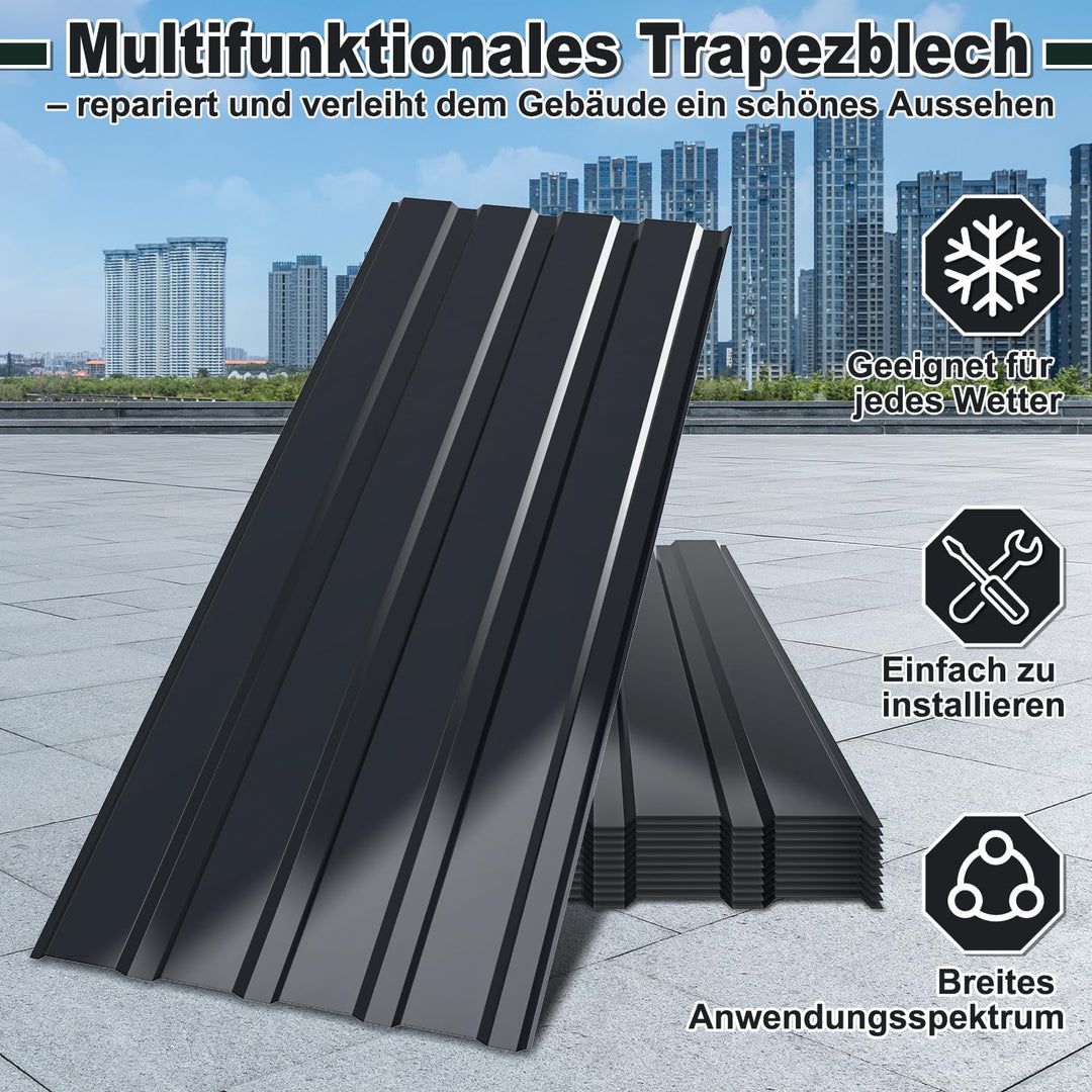 Dachblech Trapezblech Set Anthrazit – 24 Wellblechplatten, 129x46 cm, rostfrei, 0,25 mm dick, ideal