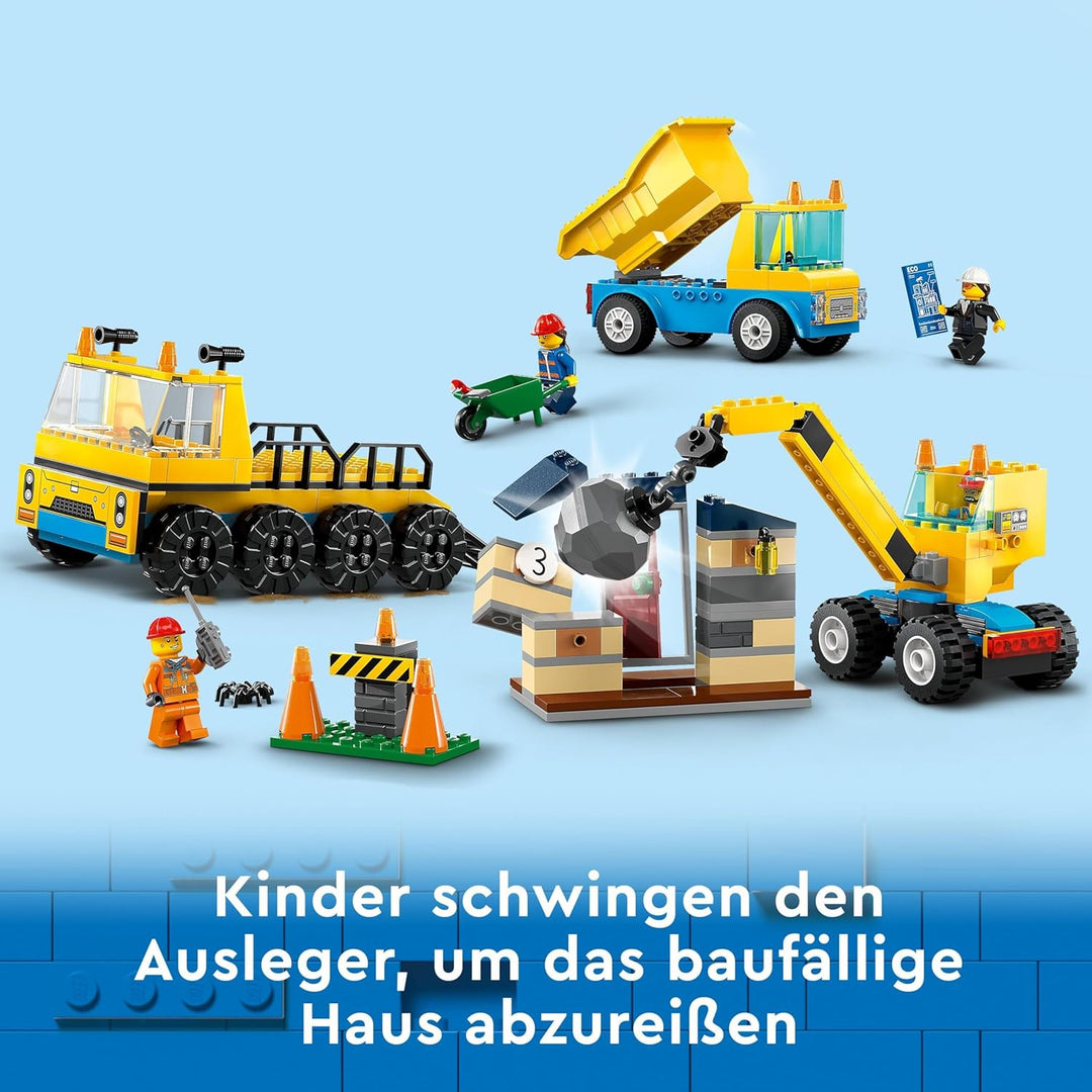 LEGO City Baufahrzeuge und Kran mit Abrissbirne, Spielzeug mit Bagger, Kipper und Transportfahrzeuge