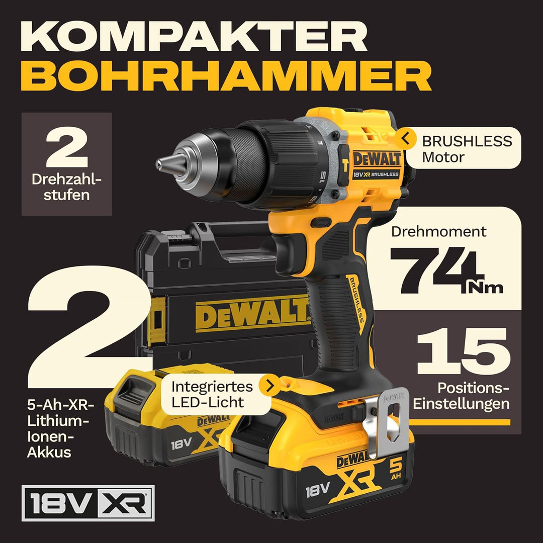 DEWALT 18-V-XR-Bürstenloser Kompaktbohrschrauber mit 2 5-Ah-Lithium-IonenBatterien und TSTAK-Kitbox,