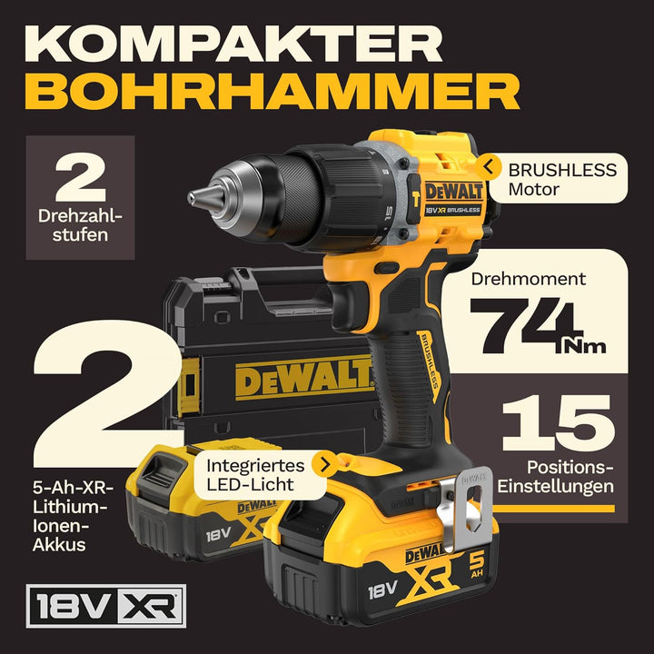 DEWALT 18-V-XR-Bürstenloser Kompaktbohrschrauber mit 2 5-Ah-Lithium-IonenBatterien und TSTAK-Kitbox,