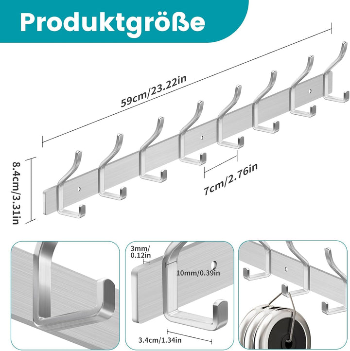 Garderobenhaken Edelstahl Hakenleiste Garderobe Garderobenleiste Silber Kleiderhaken Wand mit 8 Hake