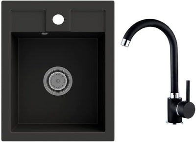 Rein Schwarz LINDBERGH® Antibakterielle Granit Spüle "MON44 + 1-Galo" + Siphon Einbauspüle Küchenspü