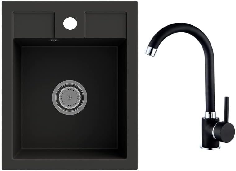Rein Schwarz LINDBERGH® Antibakterielle Granit Spüle "MON44 + 1-Galo" + Siphon Einbauspüle Küchenspü