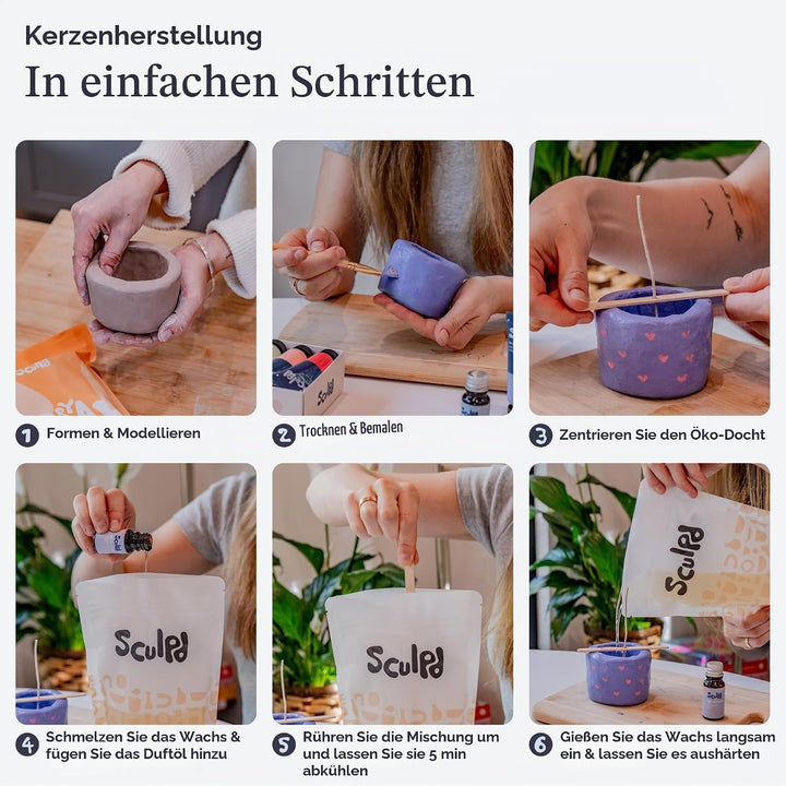 Sculpd Set zur Kerzenherstellung und Töpferei, komplettes Kunst-Set, enthält lufttrocknenden Ton, So